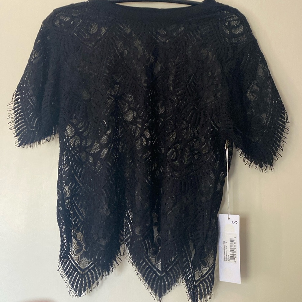 Bishop + Young from Anthropologie lace, scallop black top S NWT